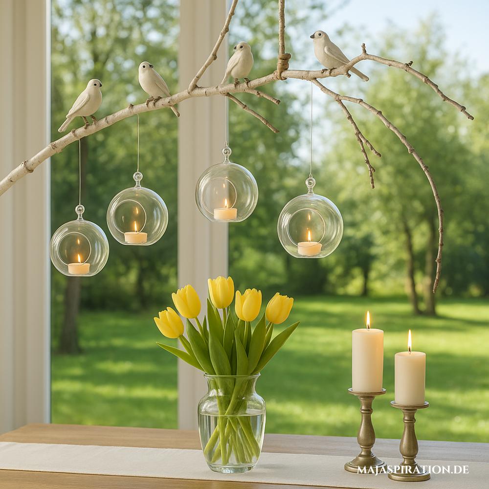 Deko Äste mit Vögelchen und hängenden Kerzen