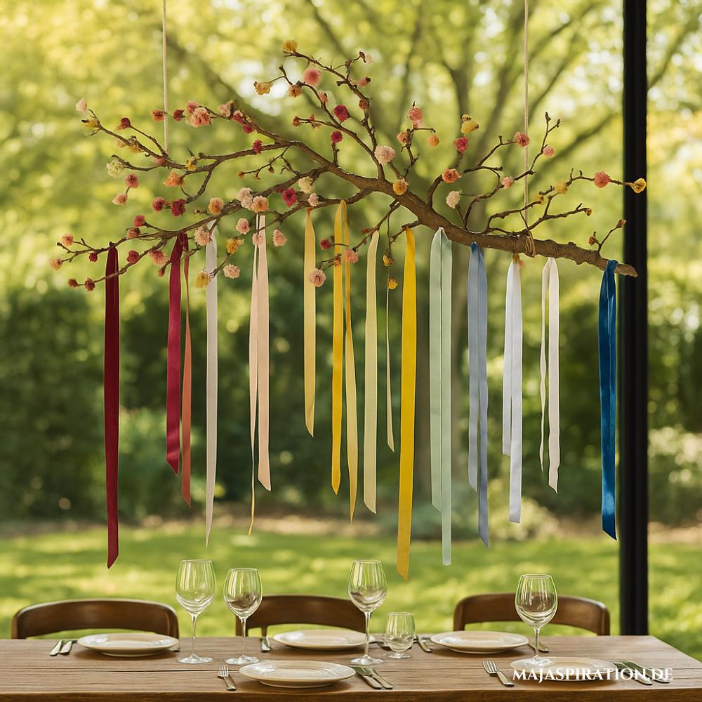 Frühlingsdeko Ast mit Blüten und bunten Bändern