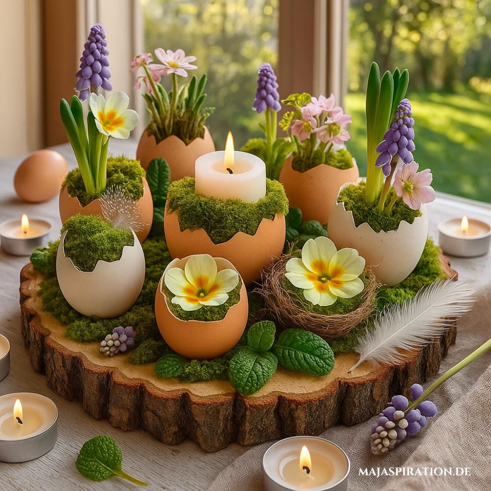 Frühlingsdeko mit Eierschalen und Moos auf Baumscheibe