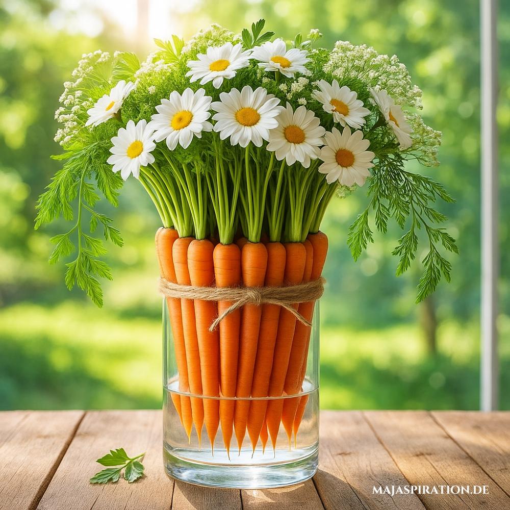 Frühlingsdeko mit Karottenstrauß in Vase