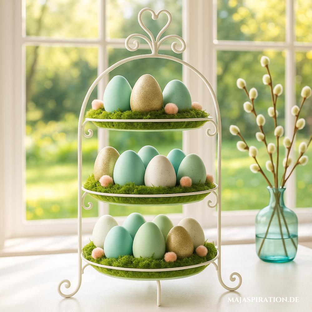 Osterdeko Etagere mit Eiern und Moos