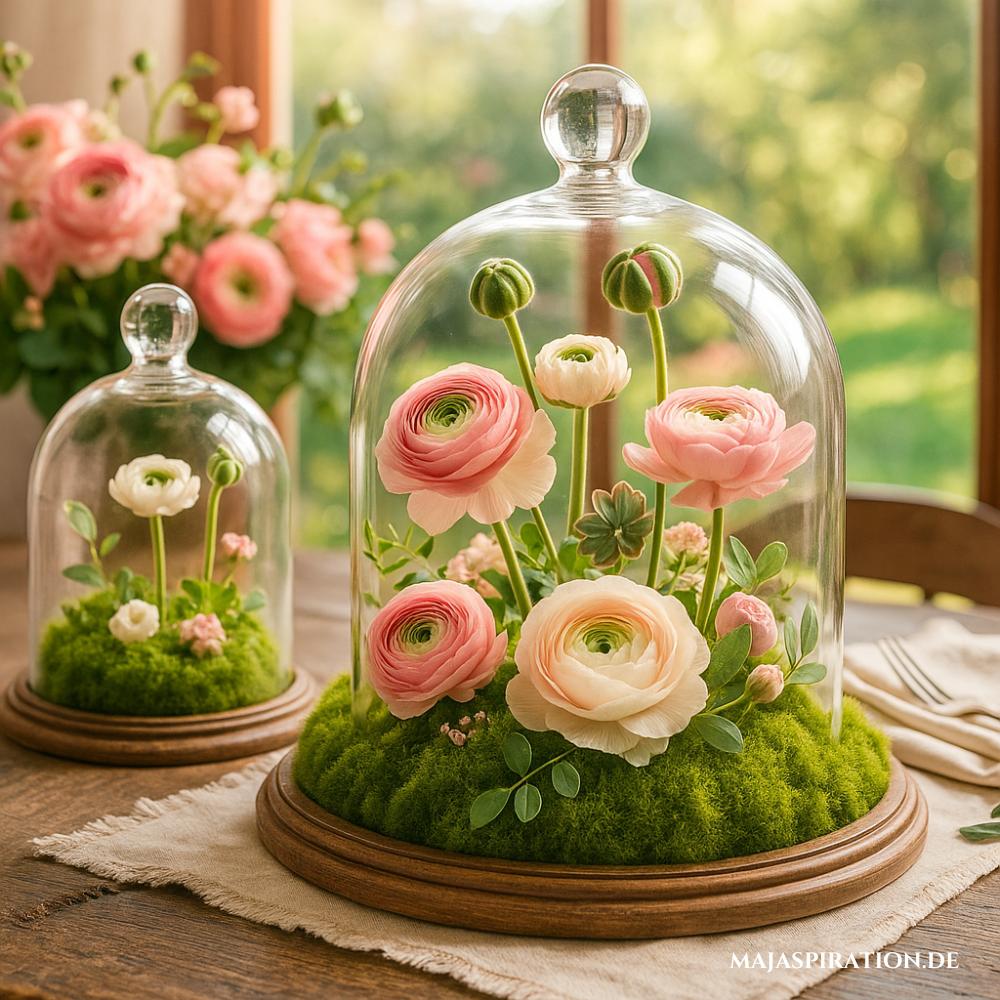 Frühlingsedeko Glasglocke mit Moos und Blumen