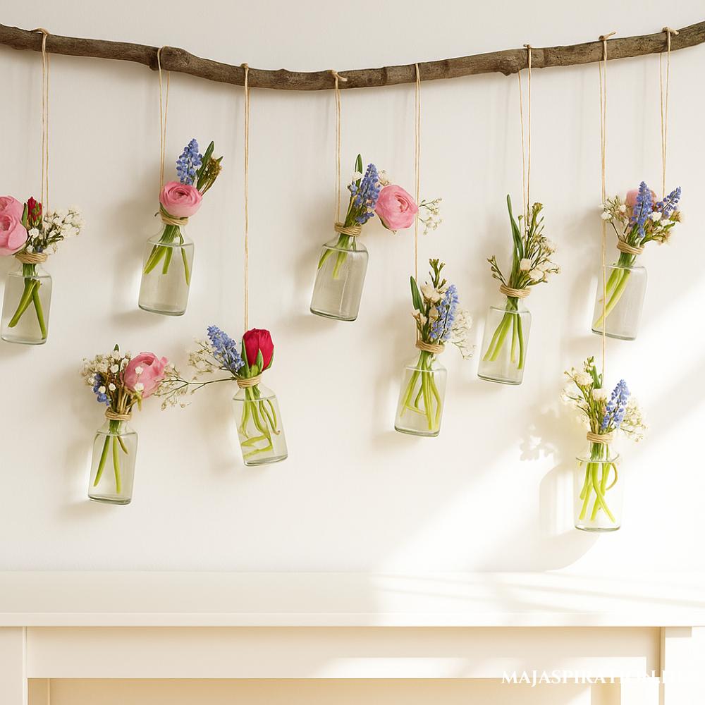 Frühlingsdeko mit Ast und hängenden Glasvasen