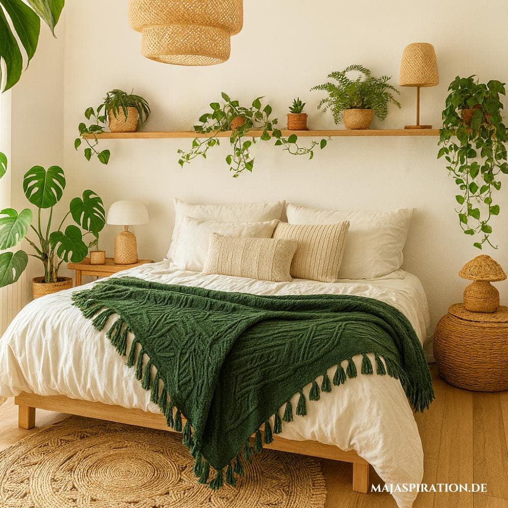 Platz über dem Bett dekorieren mit Pflanzen auf Schweberegal und natürlichen Tönen und Materialmix