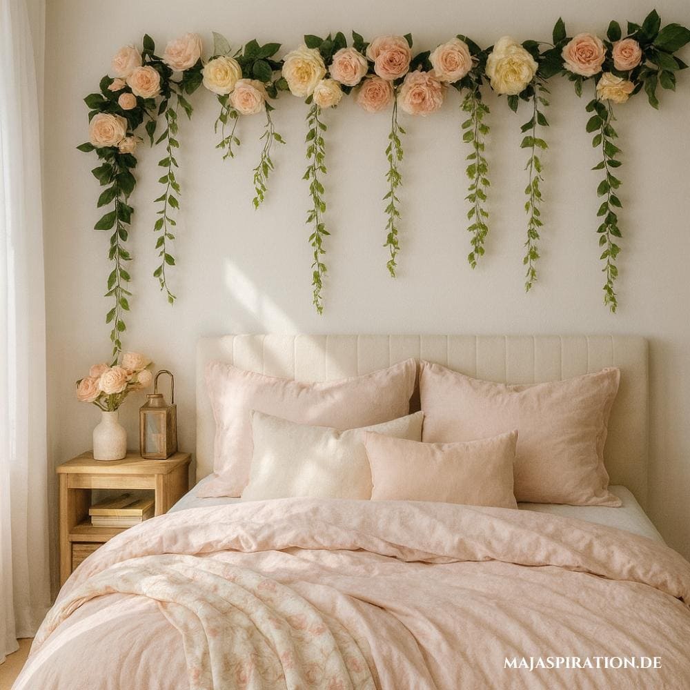 Blumengirlande über Bett mit rosa Bettwäsche als Schlafzimmer Deko Idee