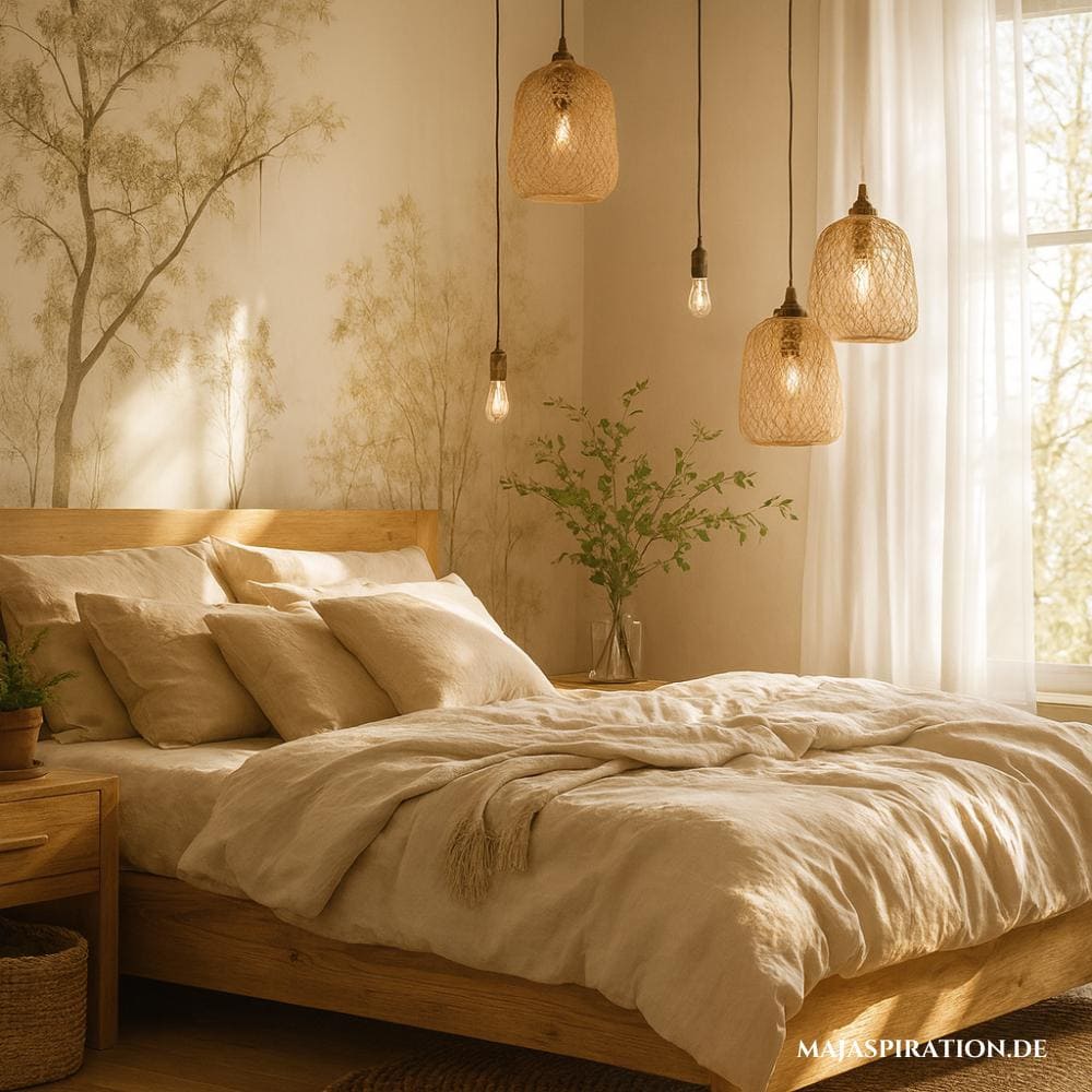 Über dem Bett dekoriere mit Landschaftstapete und Pendelleuchten Mix