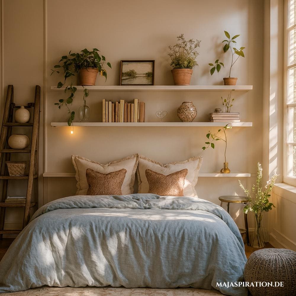 Ungezwungene Deko Idee über dem Bett mit Wandregalen und Holzleiter