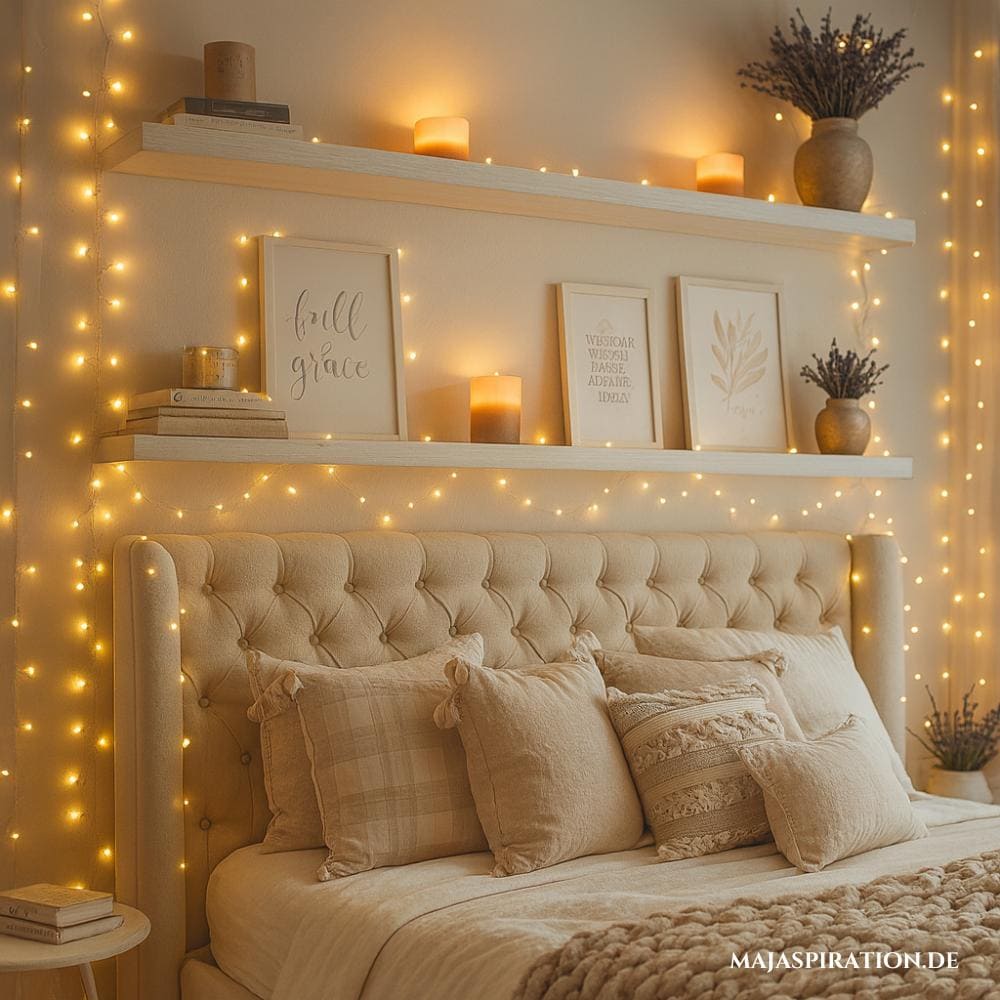 Lichterketten und Wandregale in hellen Tönen als Schlafzimmer Deko über dem Bett