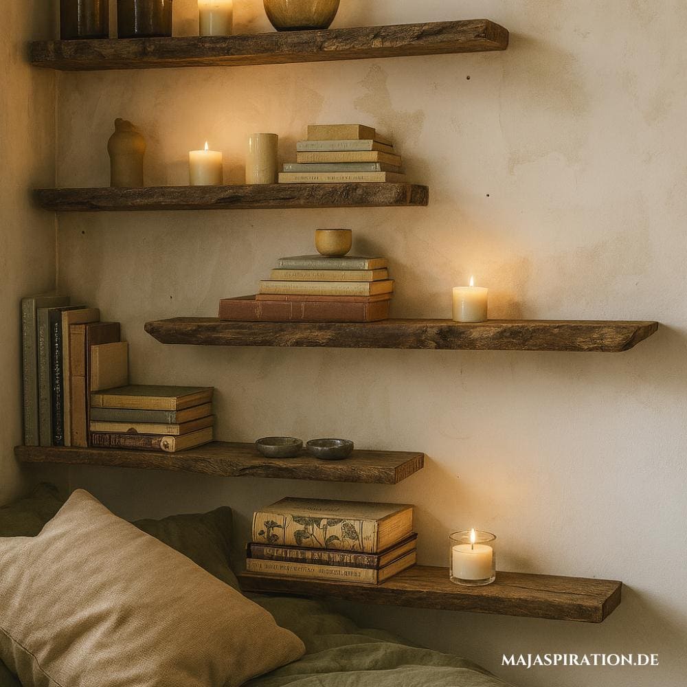 Wabi Sabi Deko Idee für das Schlafzimmer mit natürlichen Holzregalen und minimalistischer Deko