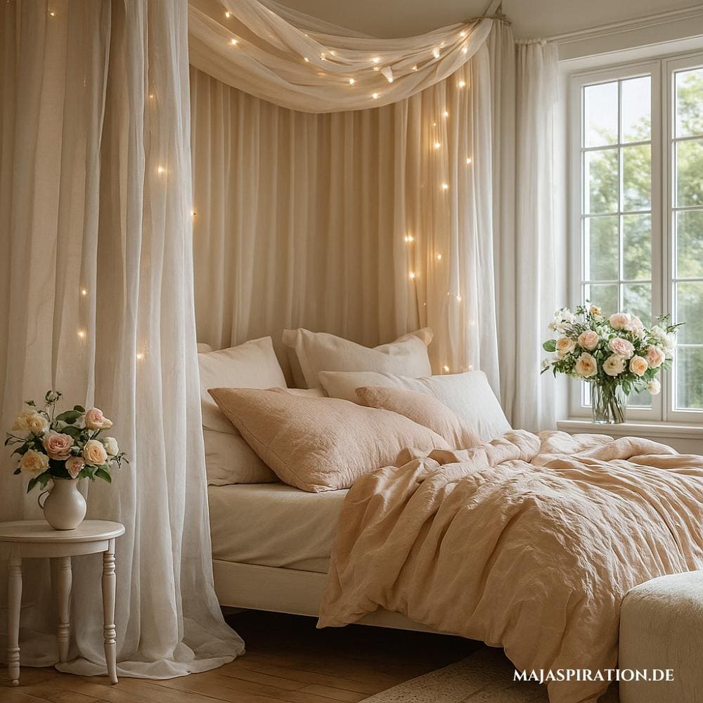 Märchenhafter Baldachin mit Lichterkette über einem rosa Bett als Schlafzimmer Deko Idee
