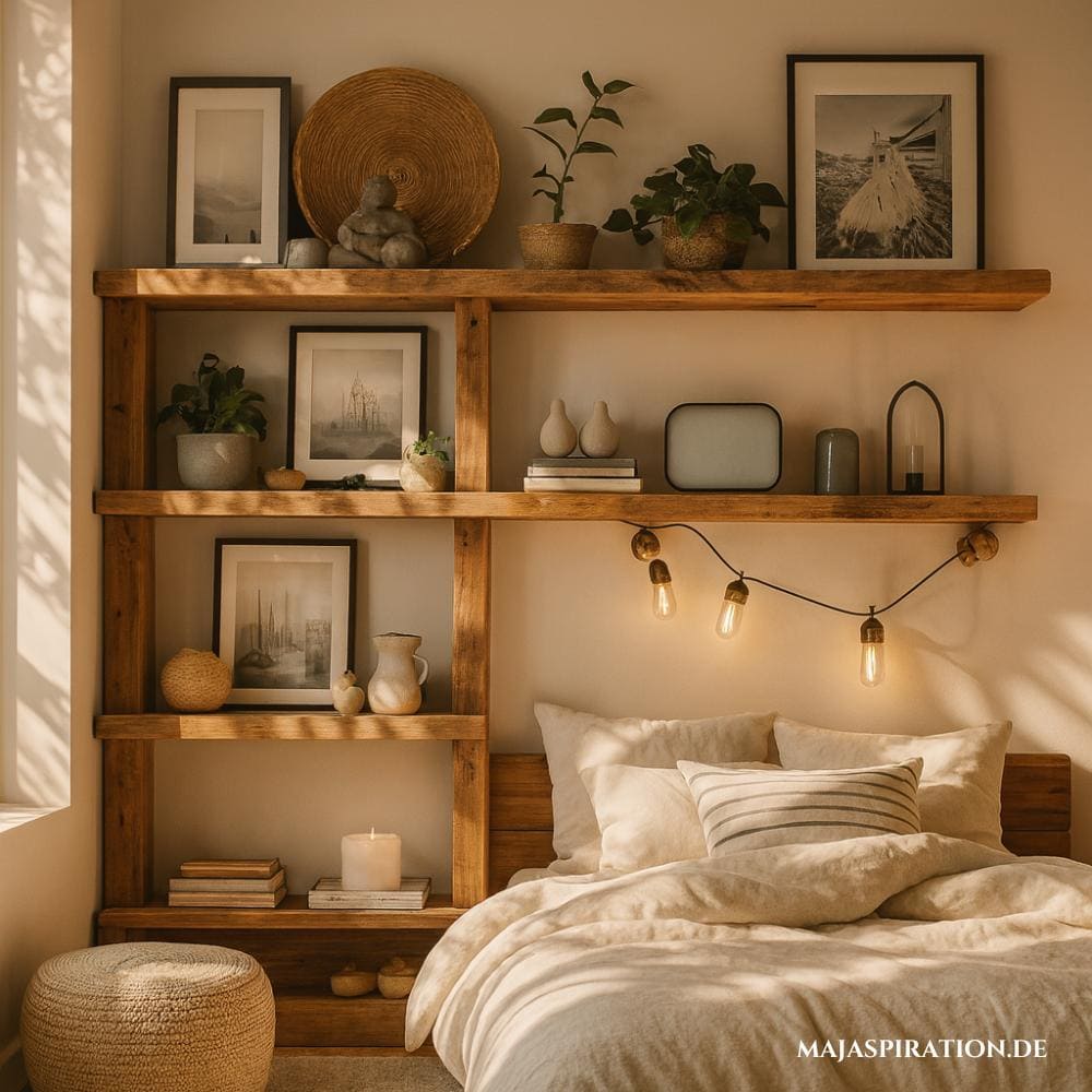 Holzregalwand mit Deko und Lichterkette als Wandgestaltung über Bett Idee