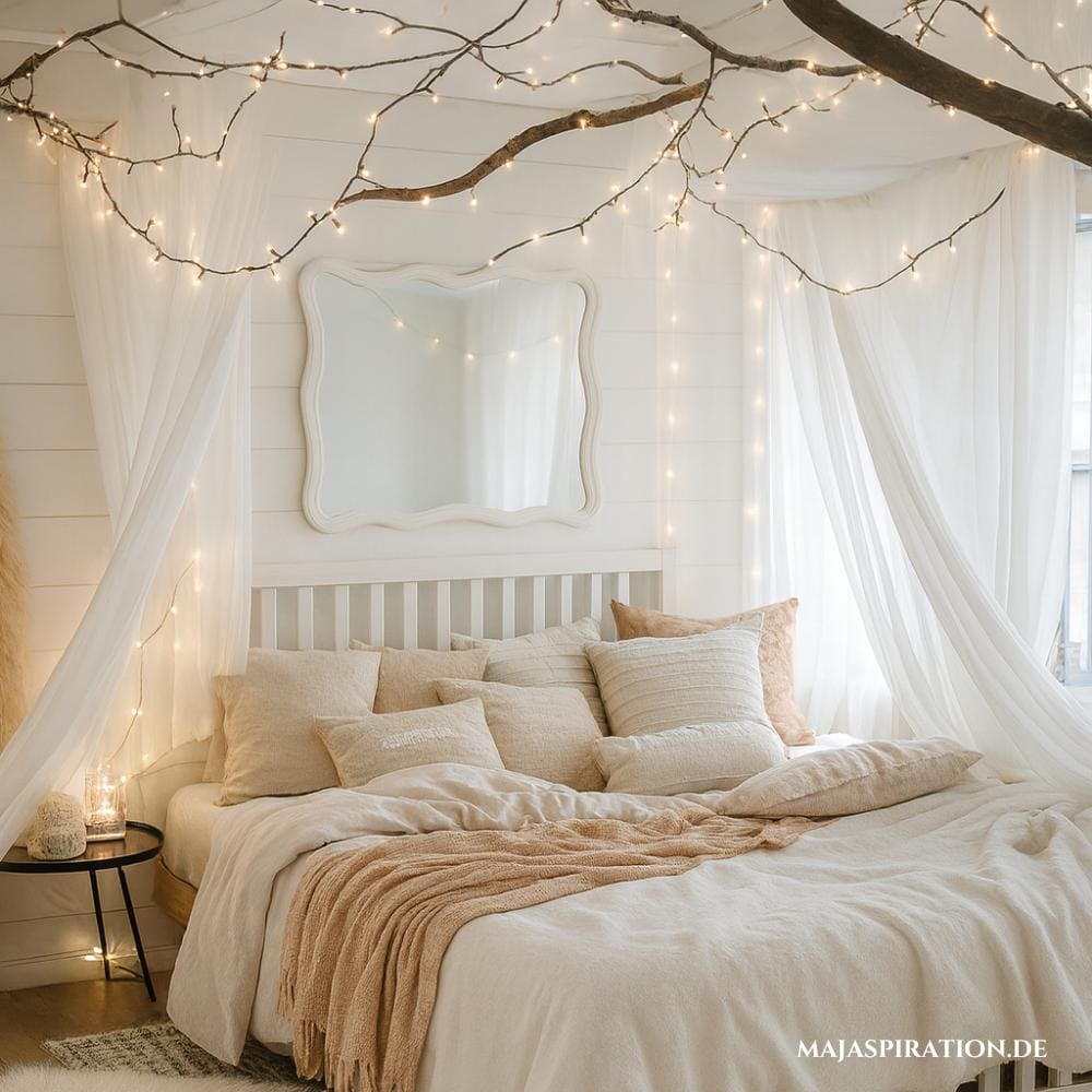 Traumhaftes Schlafzimmer mit Baldachin Ästen und Lichterketten in Weiß und Creme