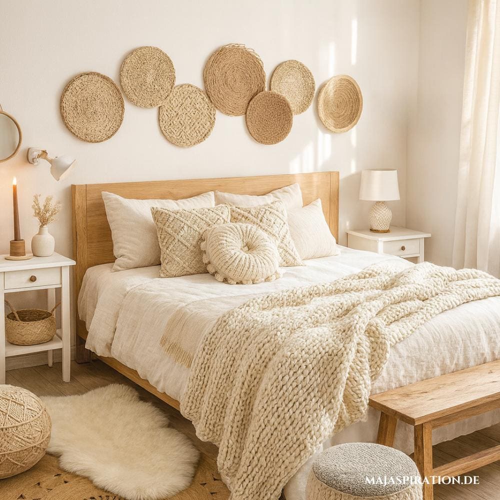 Boho Deko über dem Bett in hellem Schlafzimmer