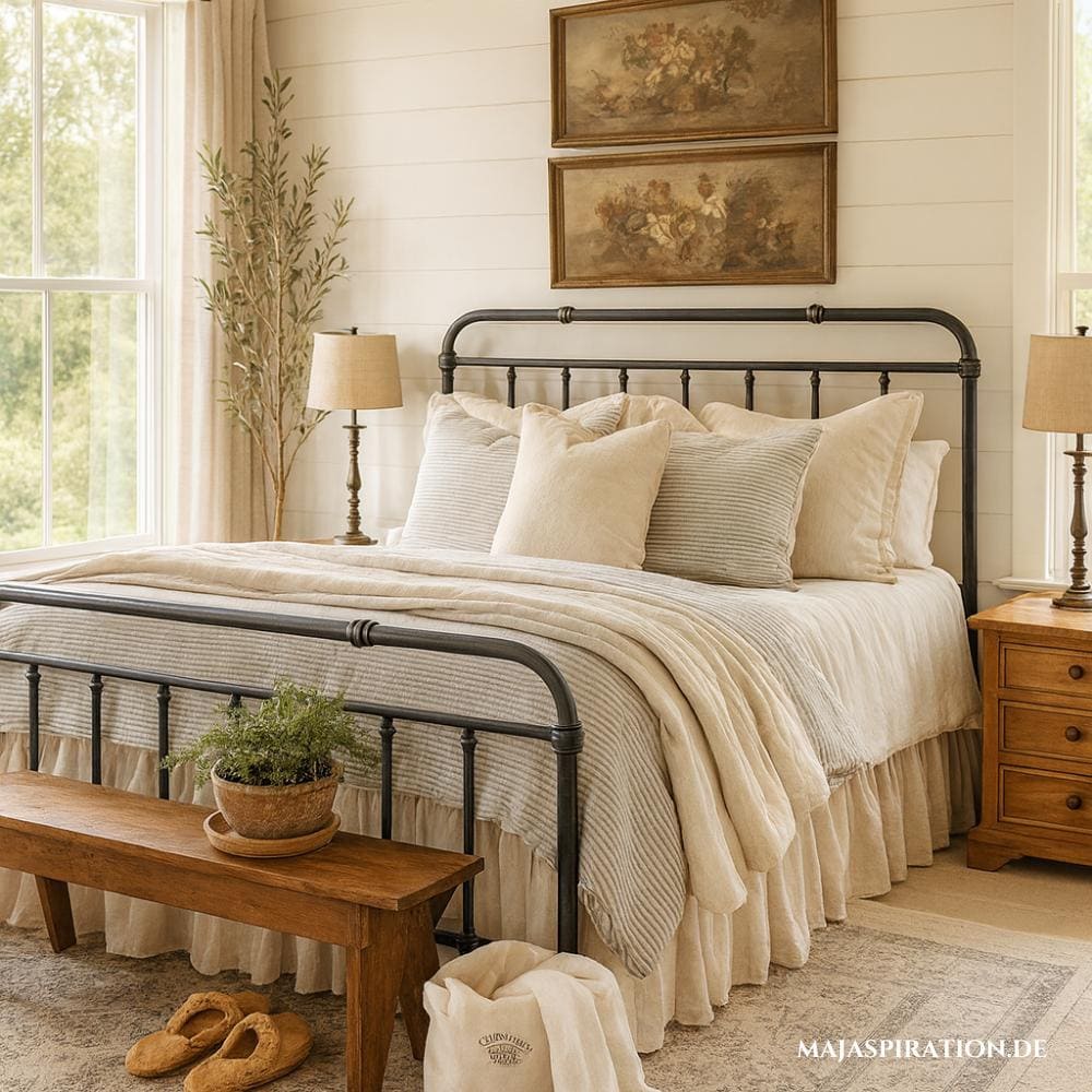 Rustikale Wandgestaltung im Schlafzimmer mit antiken Wandbildern und schwarzem Metall-Bettrahmen