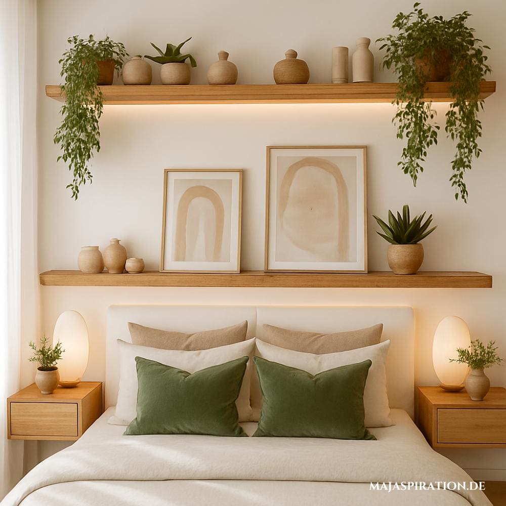Natürliche Schlafzimmer Deko mit Schweberegalen aus Holz und Pflanzen