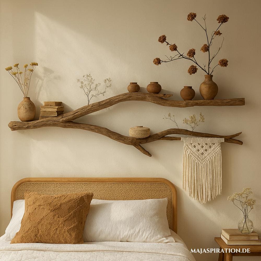Natürliche Deko Idee für über dem Bett mit Ast als Wandregal und Makramee Deko