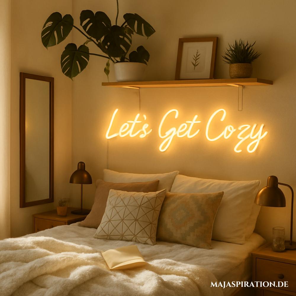 Leuchtender Schriftzug über dem Bett als Deko Idee für ein gemütliches Schlafzimmer