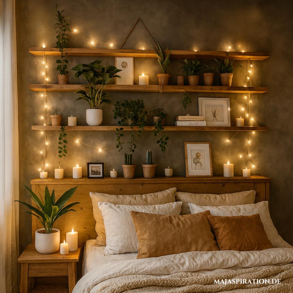Hängeregale aus Holz vor grüner Wand mit Lichterketten als Deko über dem Bett