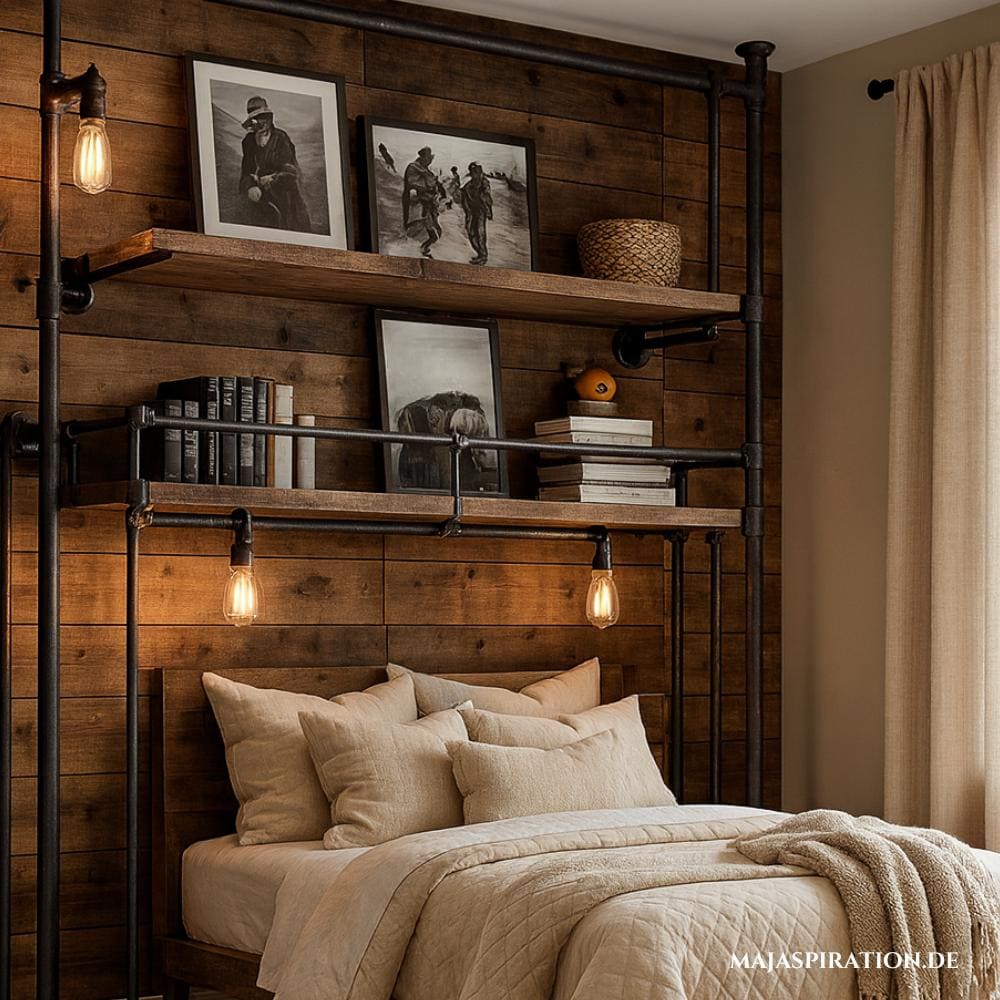 Industrial Look für Schlafzimmer mit Wandregal aus Rohren und Glühbirnen Lampen