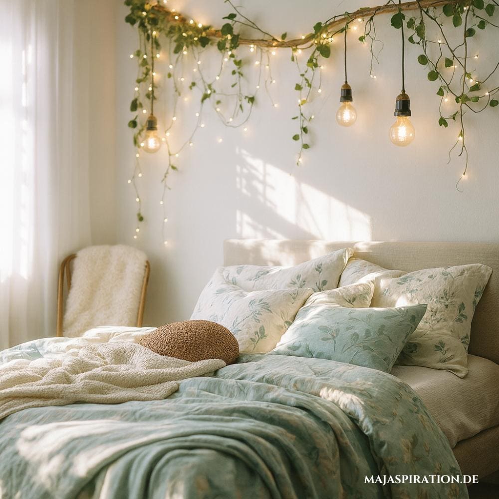 Ast mit Efeu und Lichterketten als Idee über Bett zu dekorieren