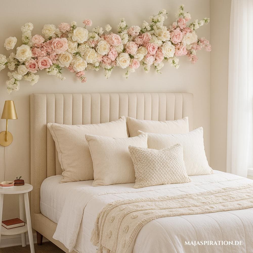Blumendeko über dem Bett für ein mädchenhaftes Schlafzimmer