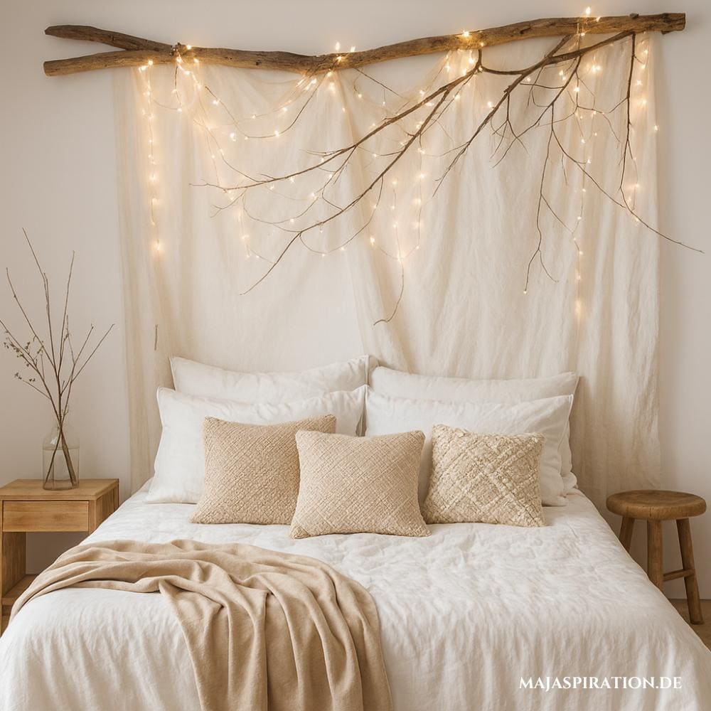 Großer Ast mit Tuch und Lichterketten als Deko über dem Bett
