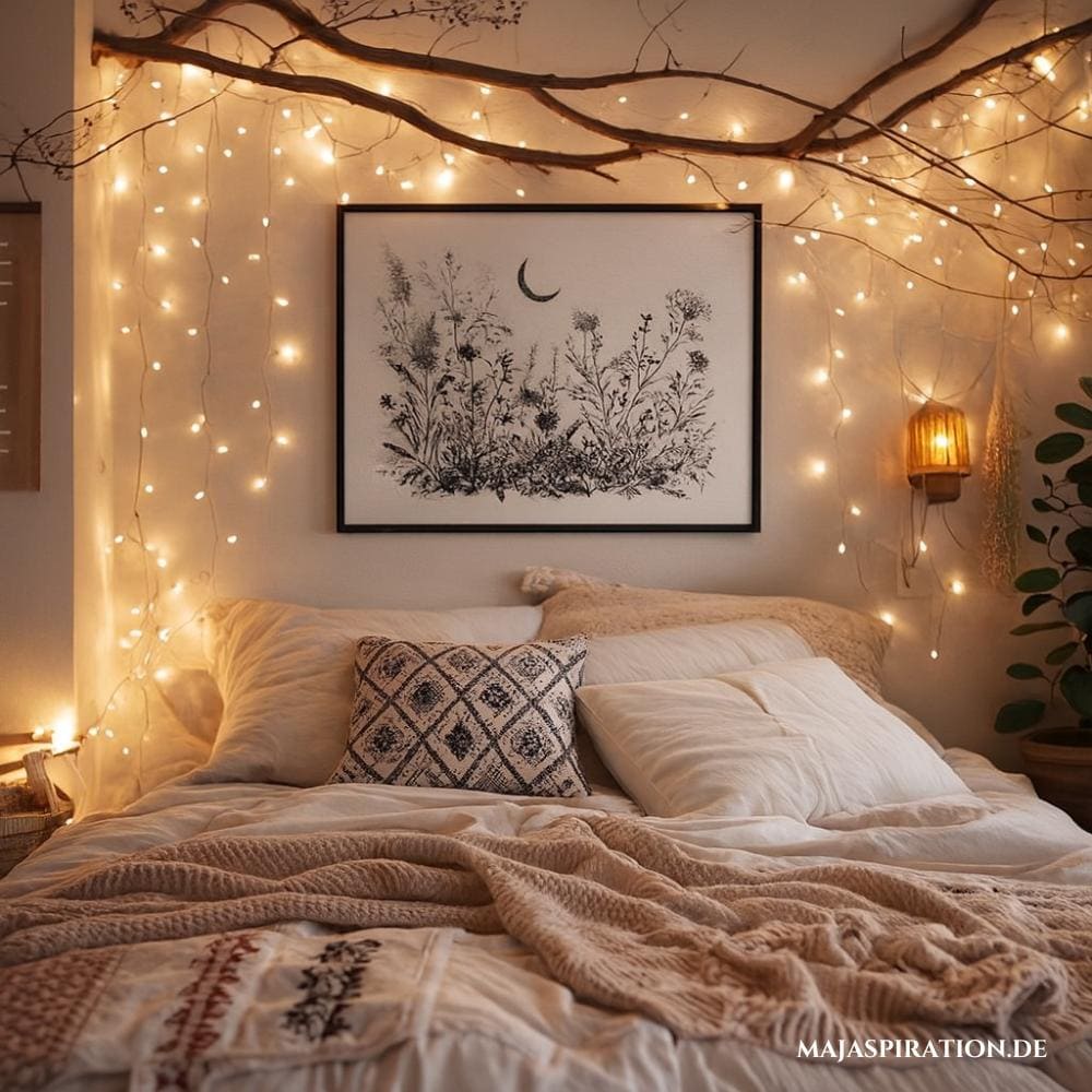 Schlafzimmerwand Deko mit Ästen und Lichterketten im mädchenhaften Boho Stil