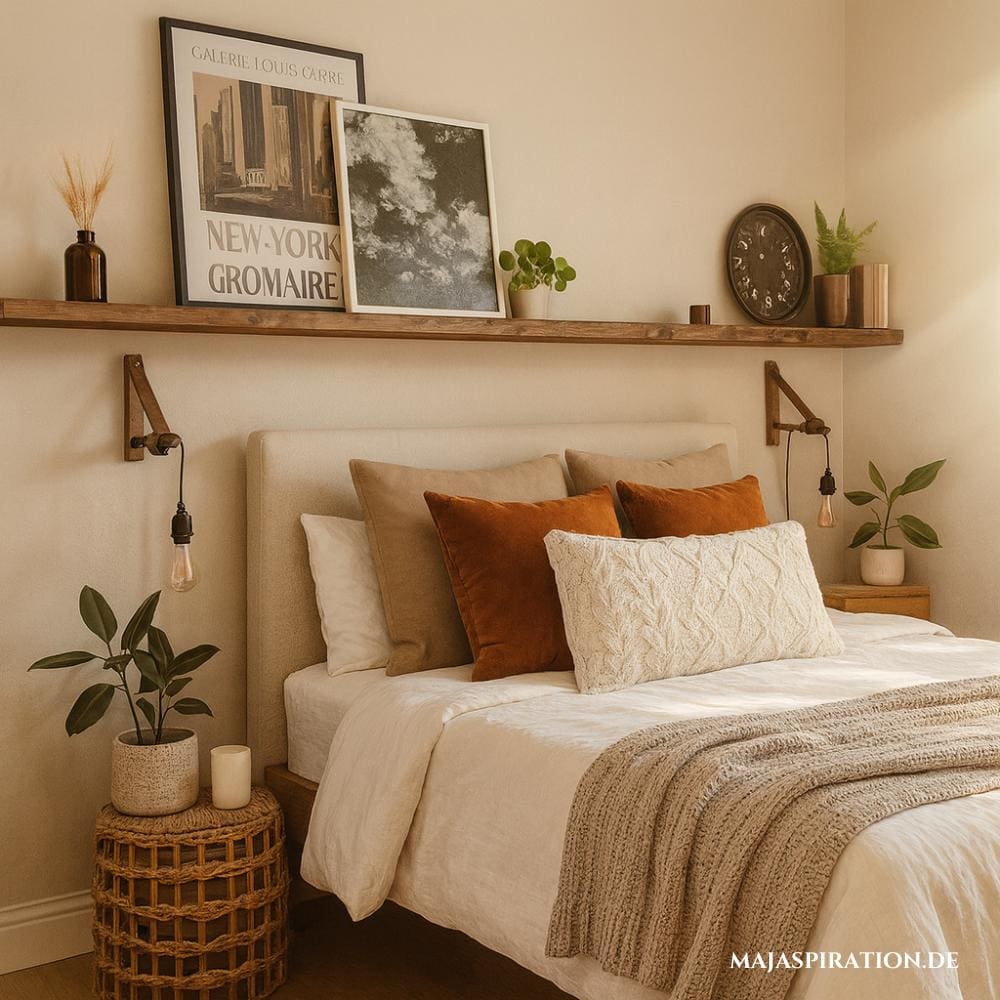 Schweberegal über dem Bett als kleine Galerie in warmen Erdtönen