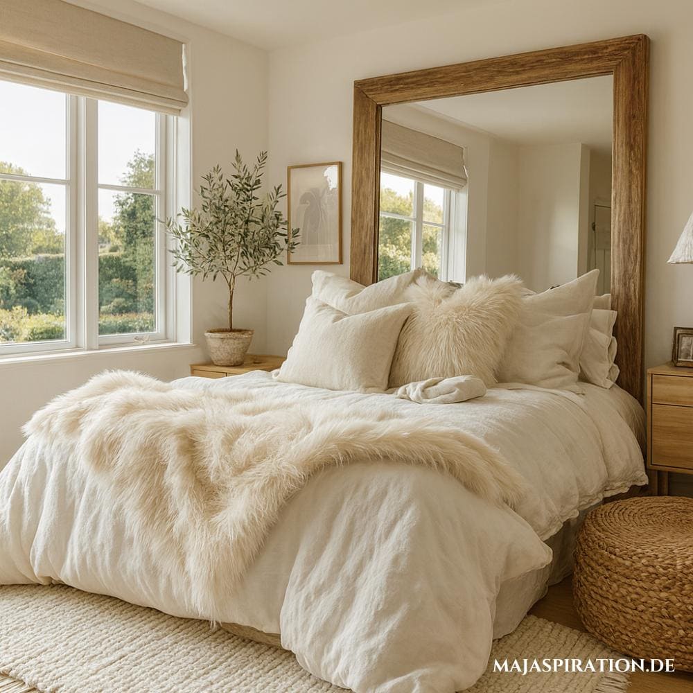 Großer Spiegel mit Holzrahmen hinter Bett mit weißer Bettwäsche