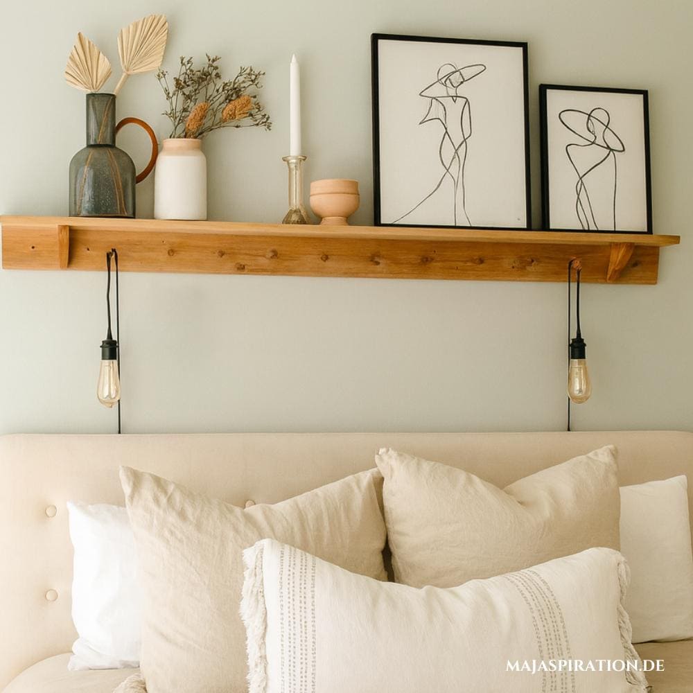 Garderobenregal als kreative Idee über dem Bett zu dekorieren