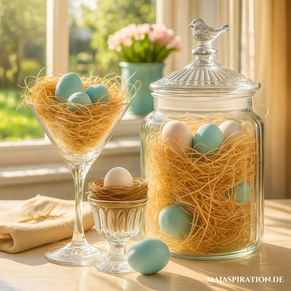 Frühlingsdeko mit Vogelnestern in Glasbehältern