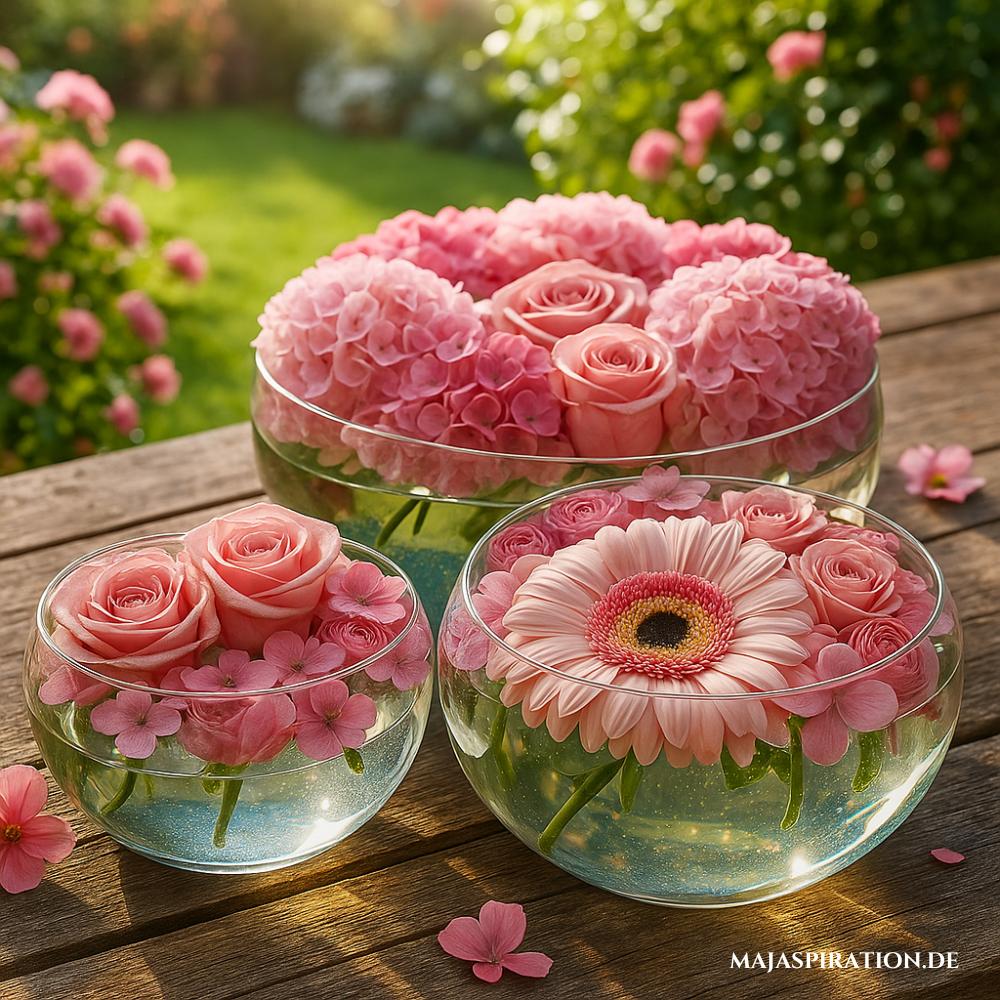 Schwimmende Blüten in Glasvase