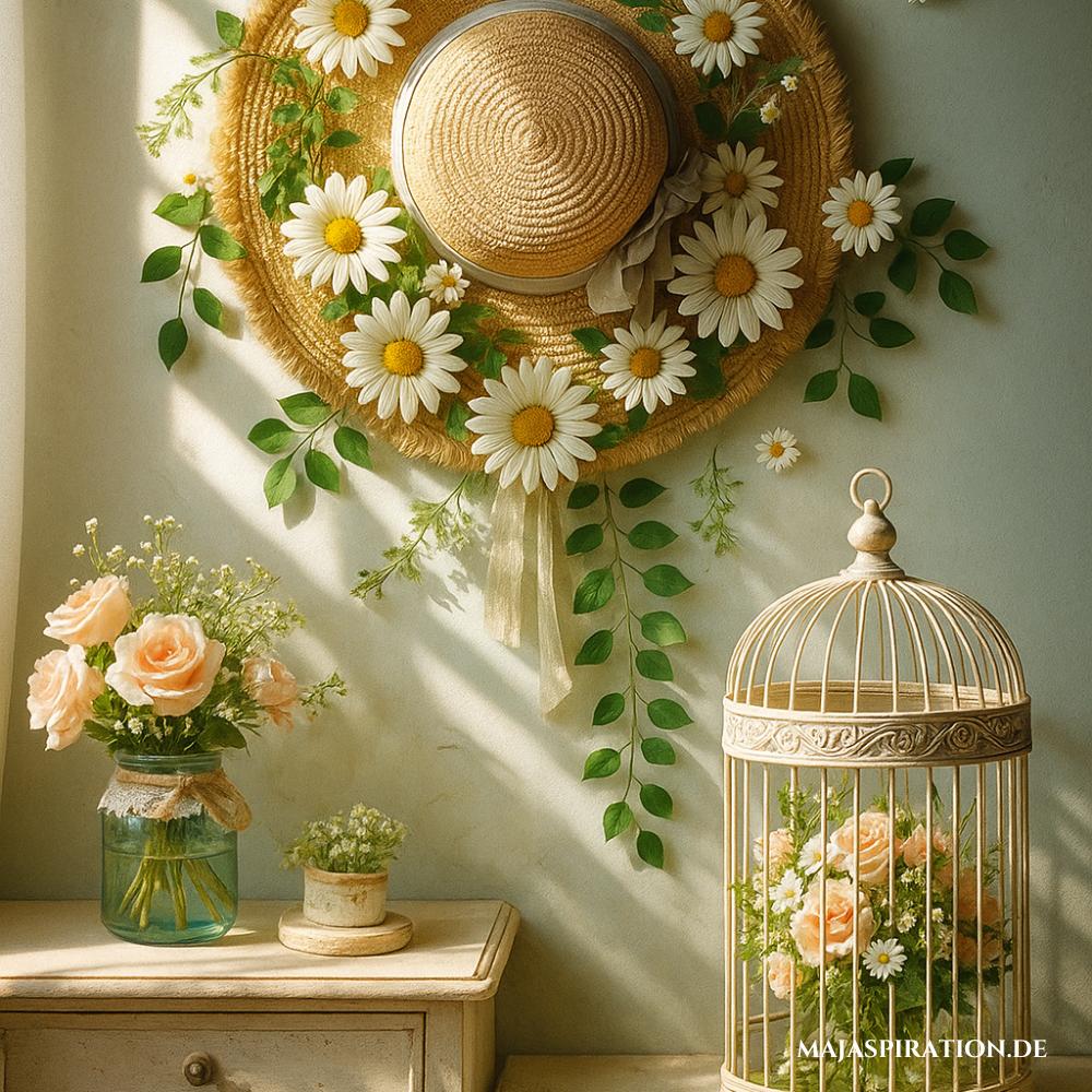 Frühlingsdeko mit Strohhut und Blumenranke