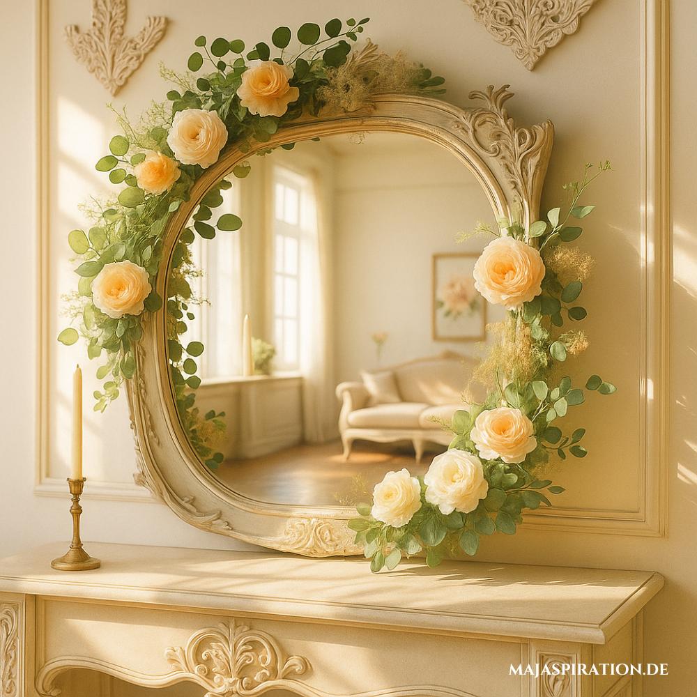 Frühlingsdeko mit Blumengirlande um Spiegel