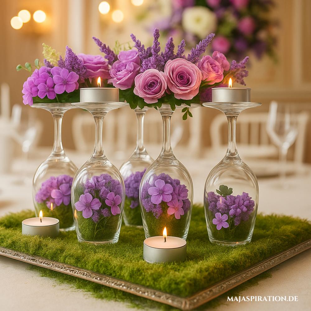 Florale Frühlingsdeko Idee mit Sektgläsern und Teelichtern