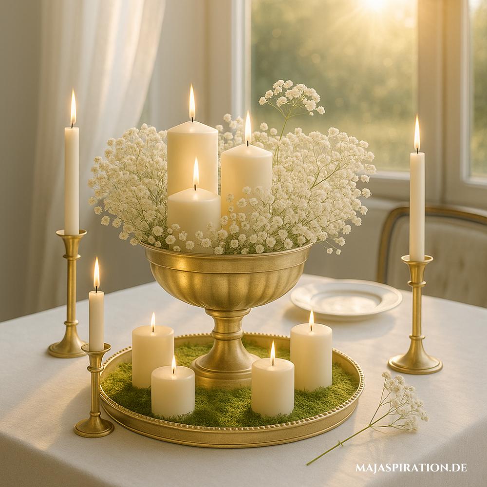 Frühlingsdeko mit Tortenständer, Kerzen und Schleierkraut