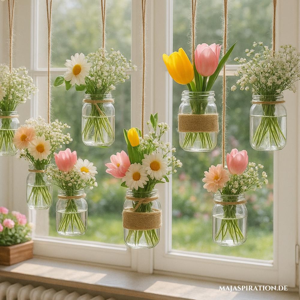 Hängende Frühlingsdeko mit Blumen in Gläsern