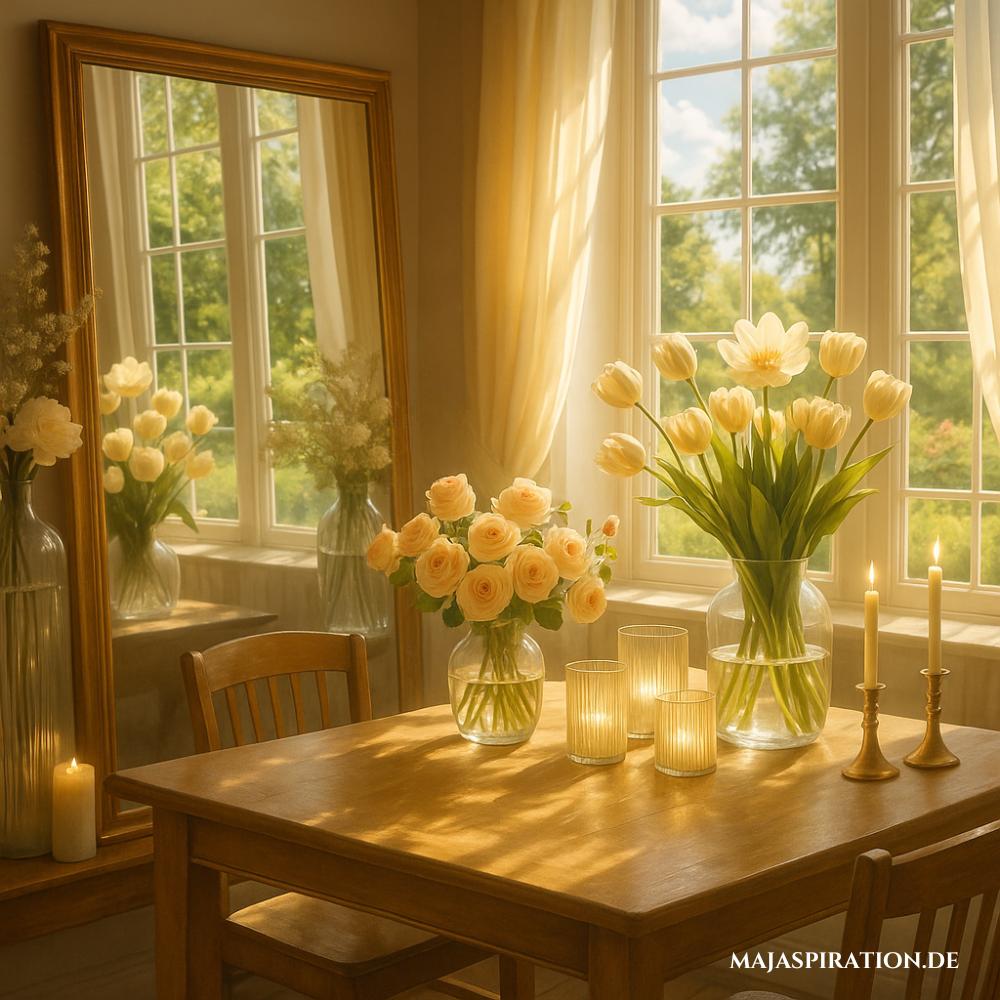 Frühlingsdekoration mit Tulpen und großem Spiegel