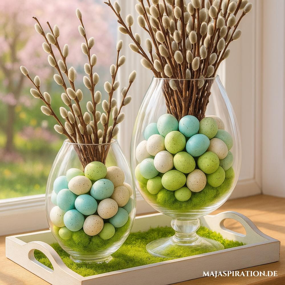 Frühlingsdeko Ideen mit Pastelleiern und Kätzchenzweigen in Glasvase