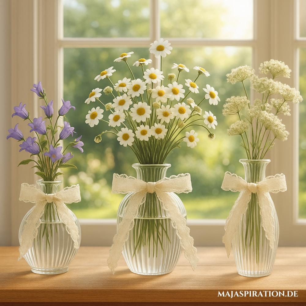 Minimalistische Frühlingsdeko mit Blumenvase mit Schleife