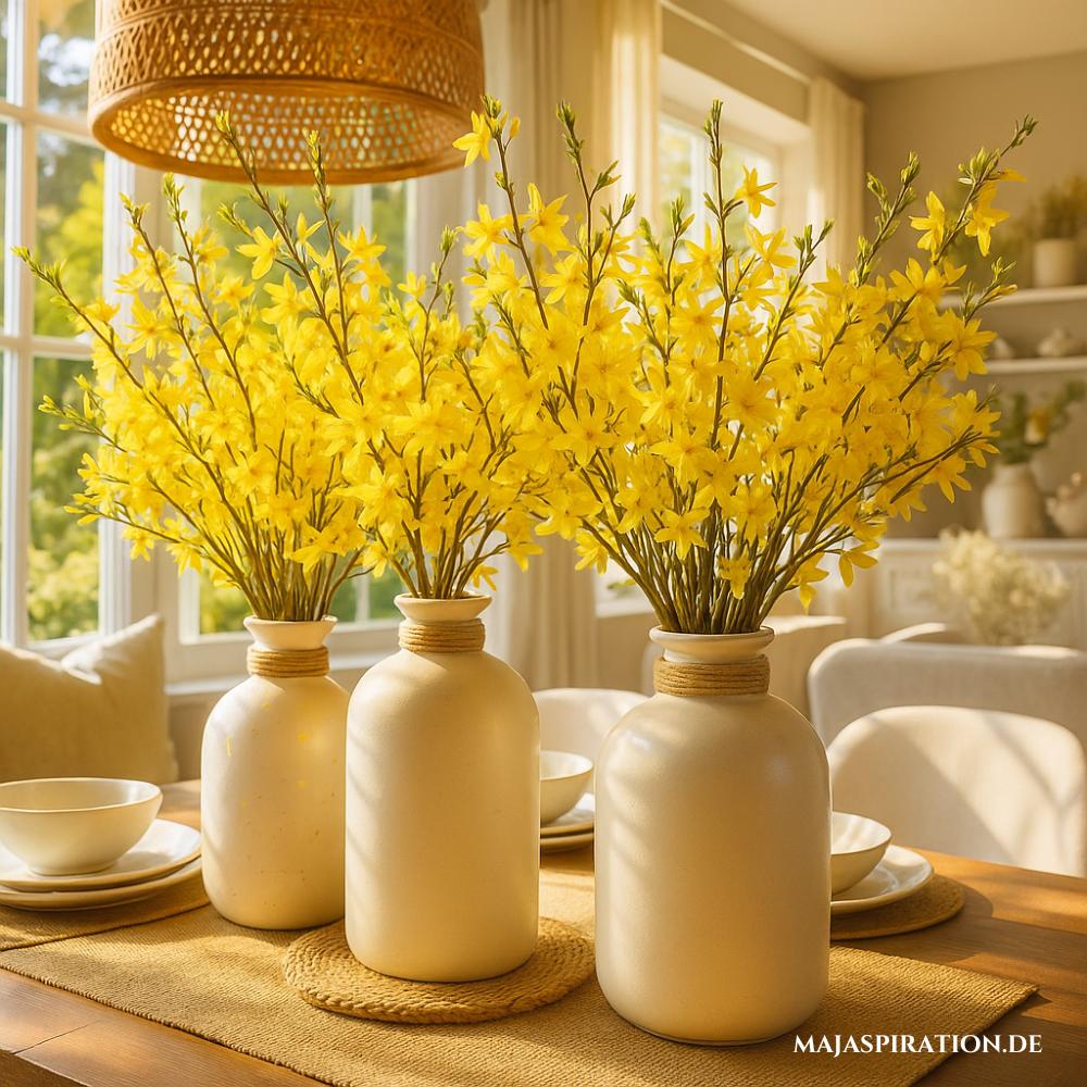 Florale Frühlingsdeko mit gelben Zweigen