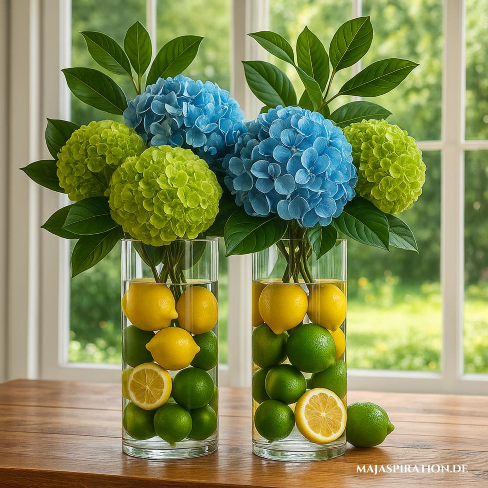 Florale Frühlingsdeko mit Hortensien und Zitrusfrüchten