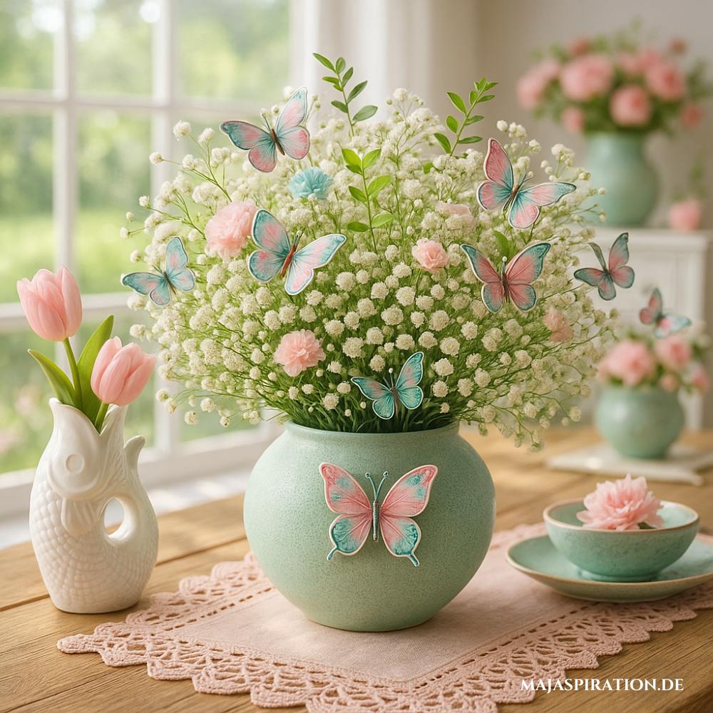 Florale Frühlingsdeko mit Schmetterlingen in Pastell