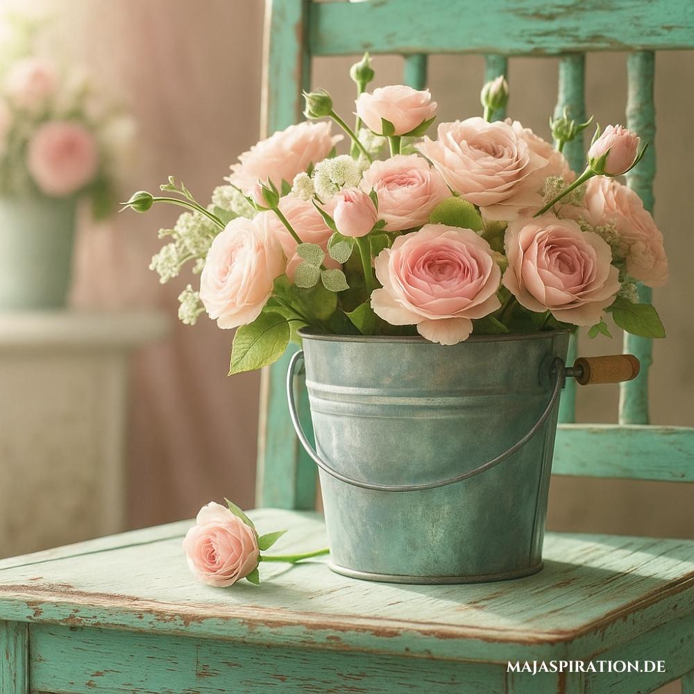 Rustikale Frühlingsdeko mit Messingeimer und Rosen