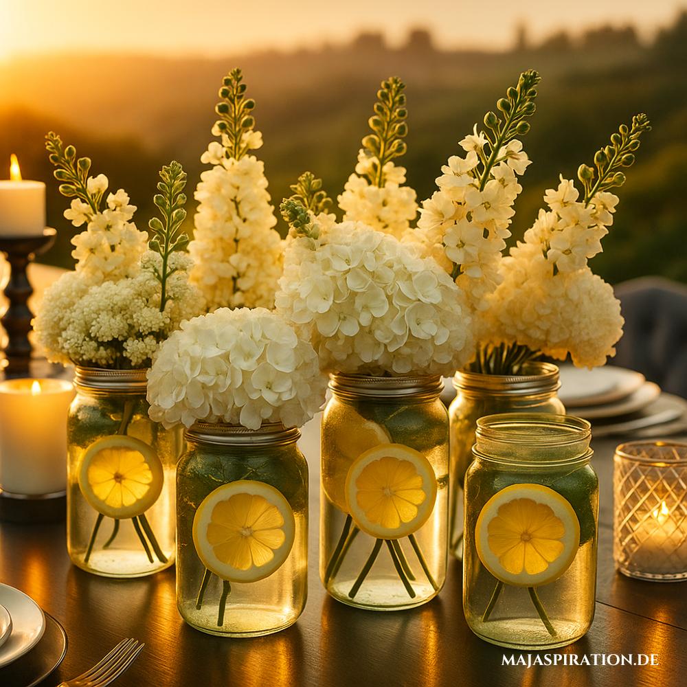 Florale Tischdeko mit weißen Blumen und Zitrone