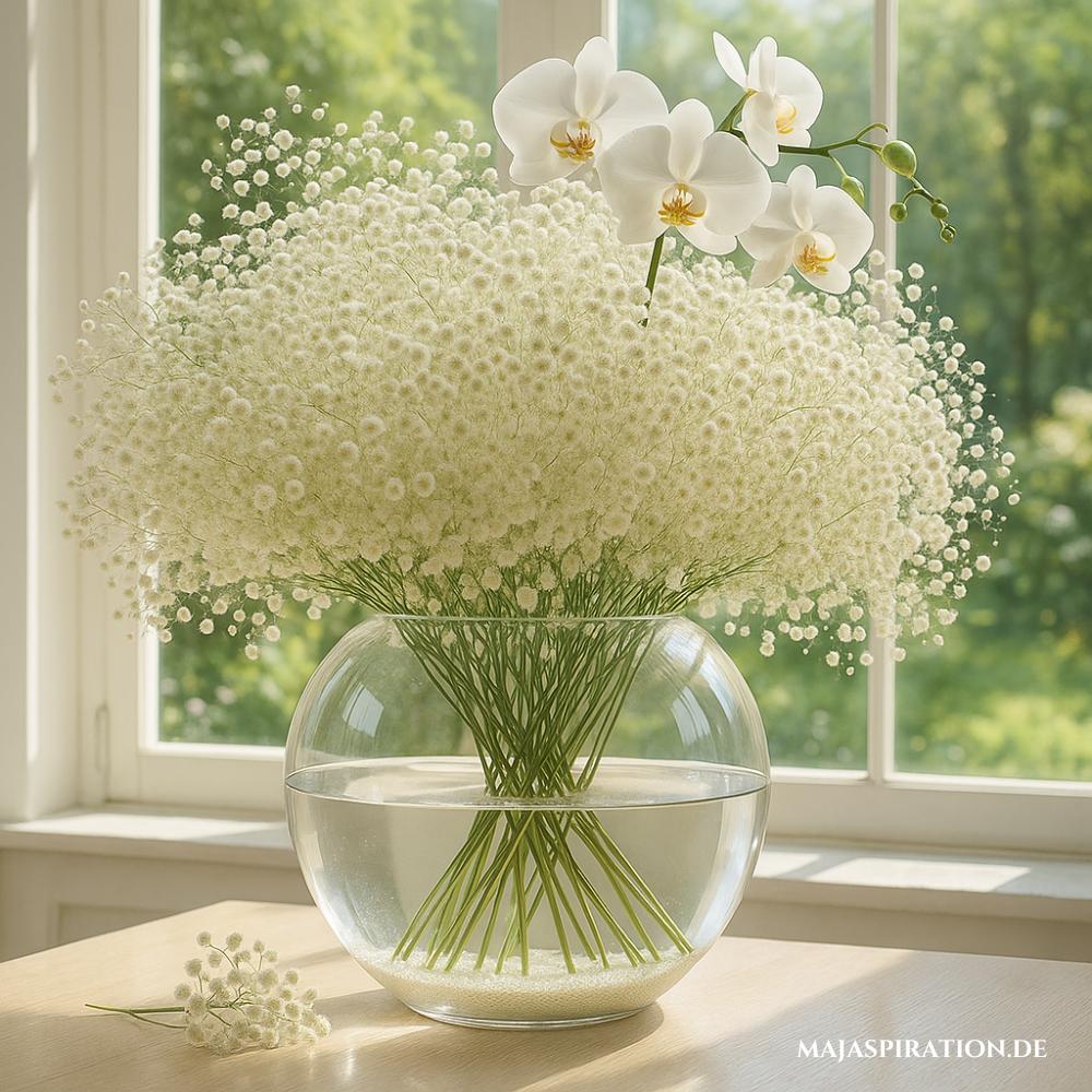 Schleierkraut und weiße Orchidee in bauchiger Vase