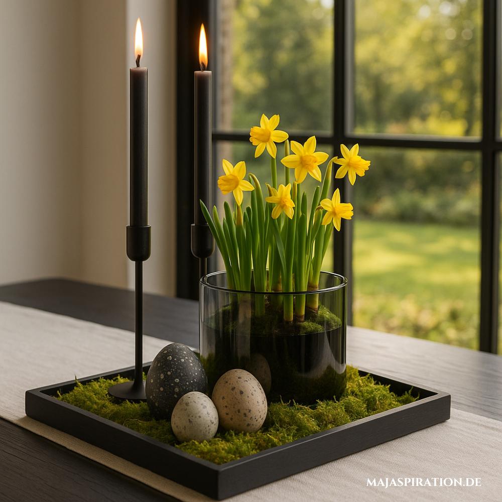Elegantes schwarzes Deko Tablett für Ostern mit Moos und Narzissen