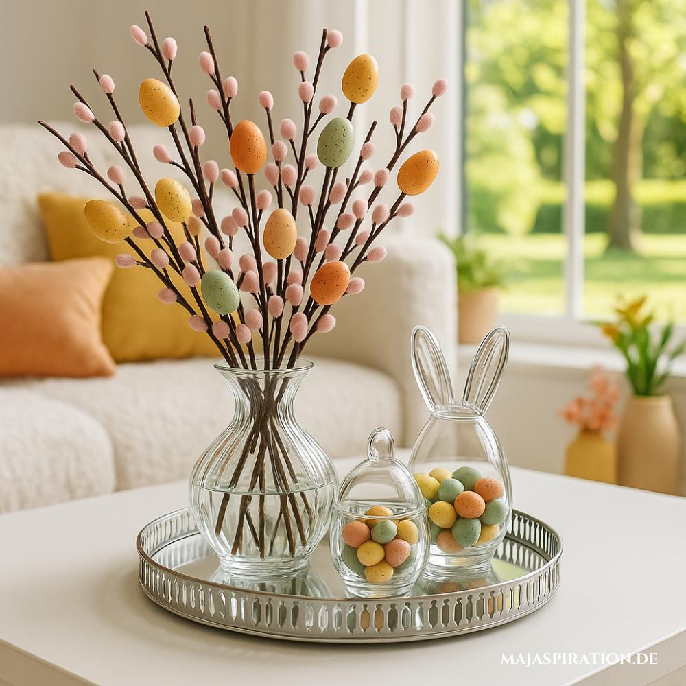 Moderne Osterdeko aus Silbertablett mit Glasschalen und Vase mit Eier-Zweigen