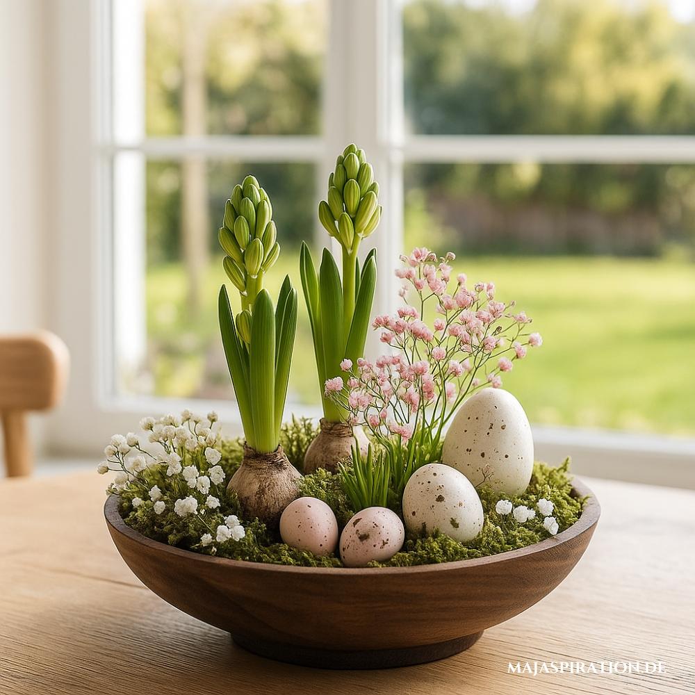 Natürliche Deko Schale mit Pflanzen und Eiern für Osterdeko