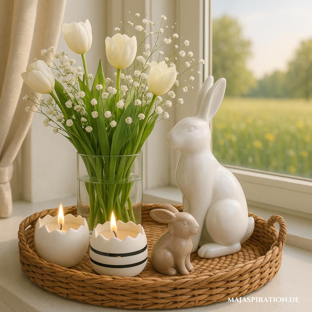 Rustikales Deko Tablett mit Eierschalen-Kerzen und Deko Hasen